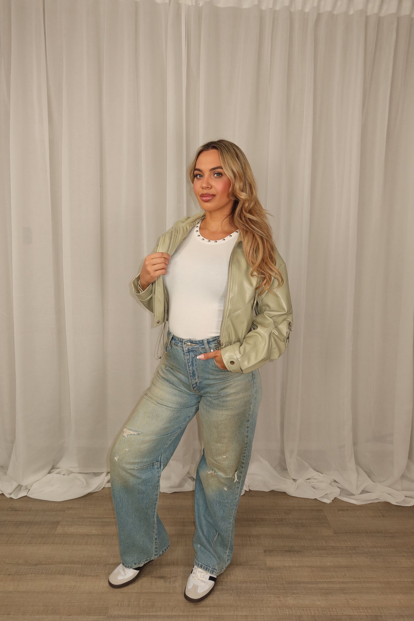 Matcha leather bomber jacket