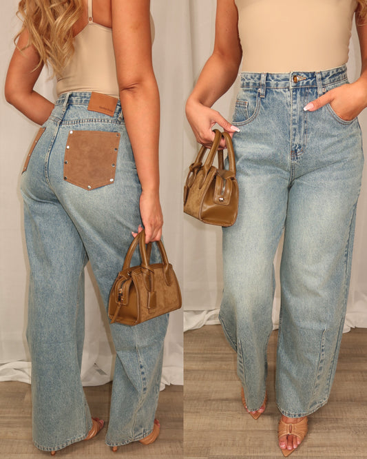 Leather pocket jeans