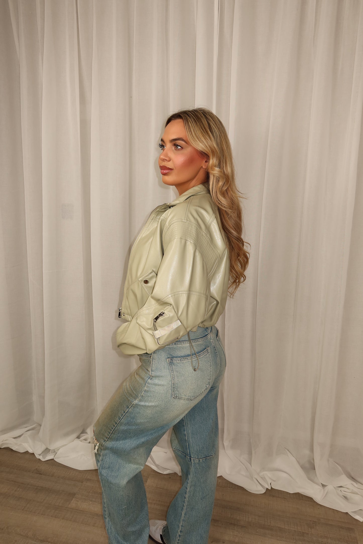 Matcha leather bomber jacket