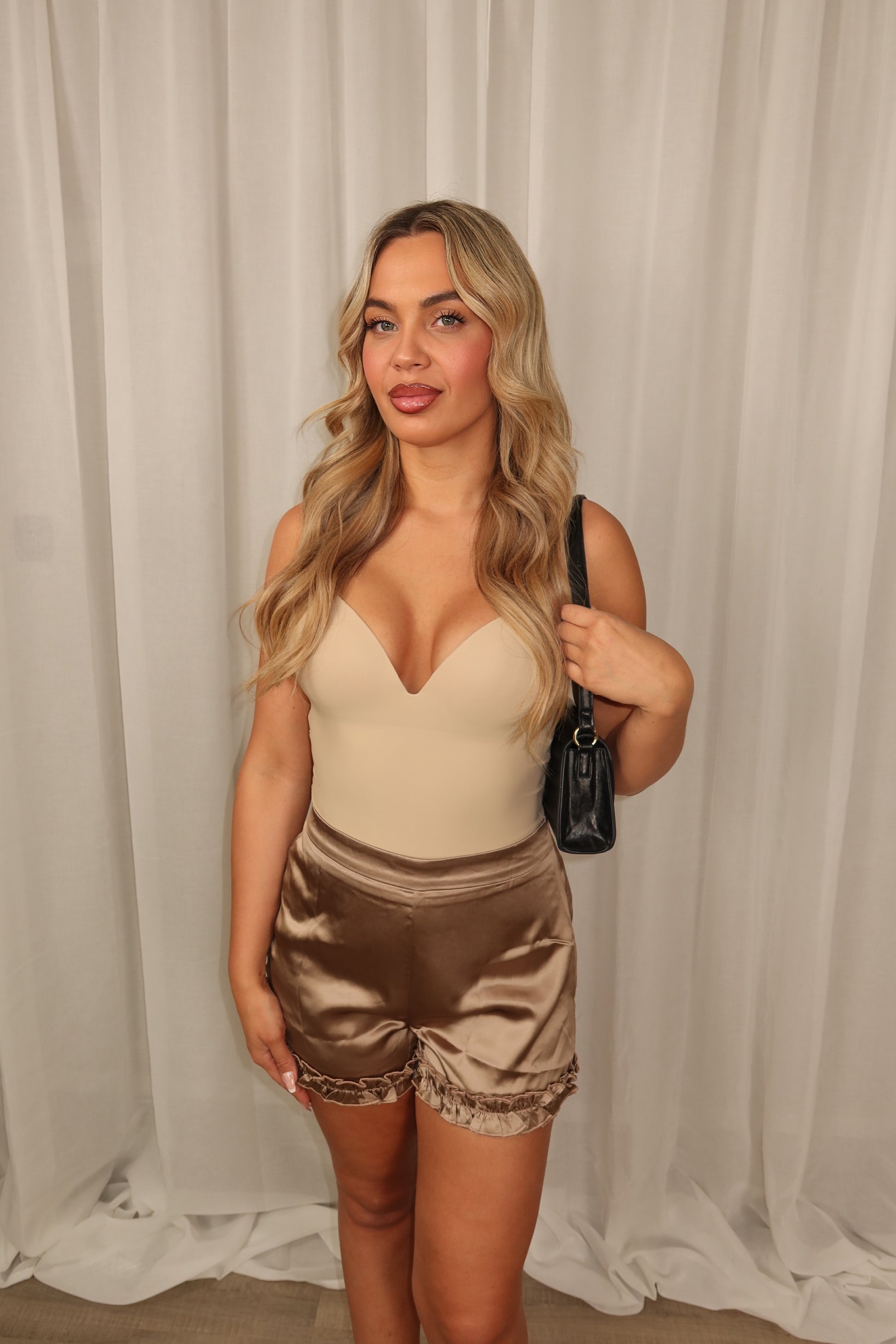 Satin Ruffle Short Taupe